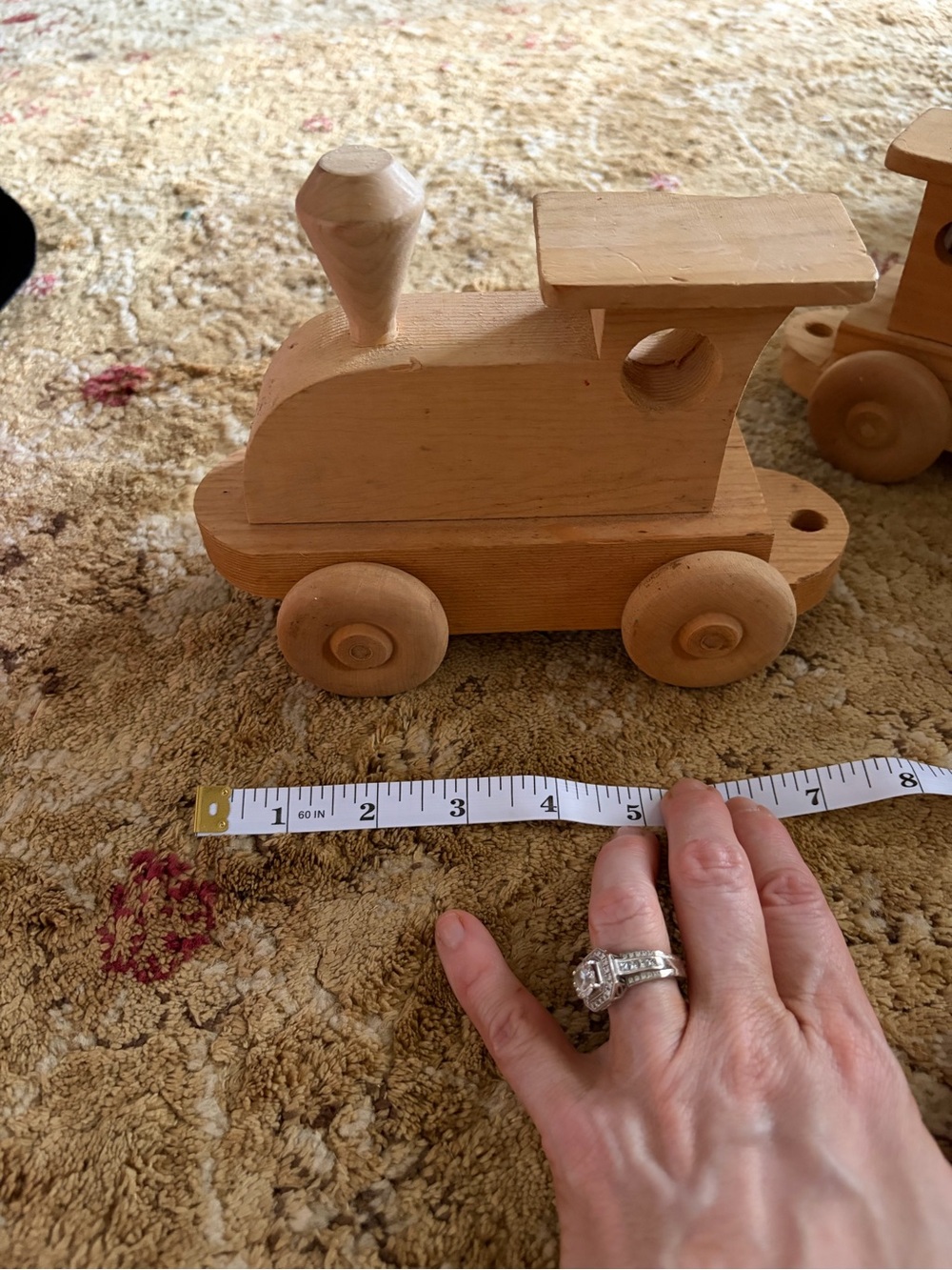 Set of 5 Natural Wood Toy Train Engine & cars- WELL worn, but lots of play left